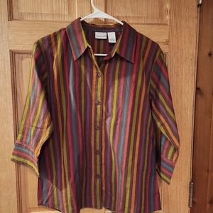 Kim Rogers medium, button down blouse. 100% cotton. Vertical stripe, multicolor.